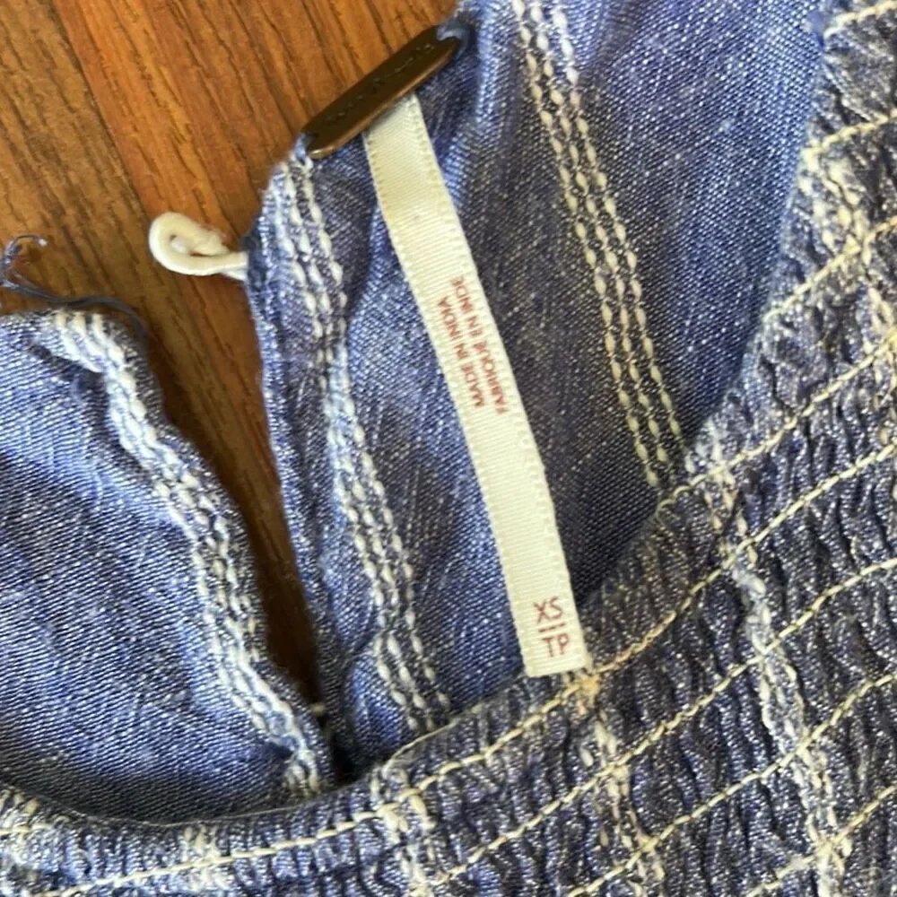 Free People denim chambray striped blue maxi dress ruched top. Xs